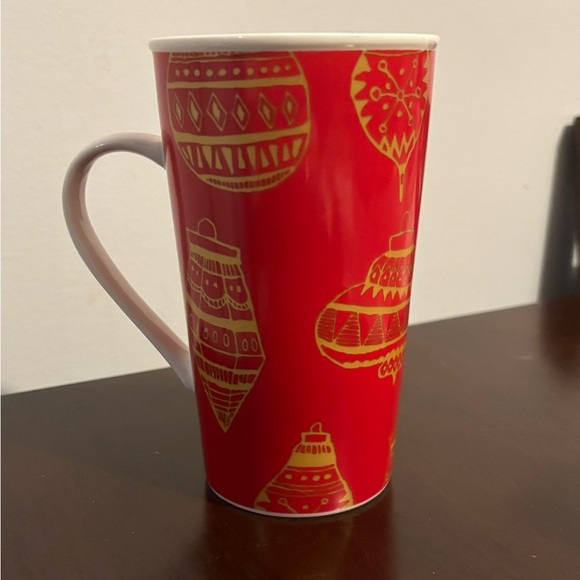 STARBUCKS Red/Gold 16oz CHRISTMAS Holiday Ornaments TALL COFFEE CUP Mug 2015 EUC - Picture 2 of 4